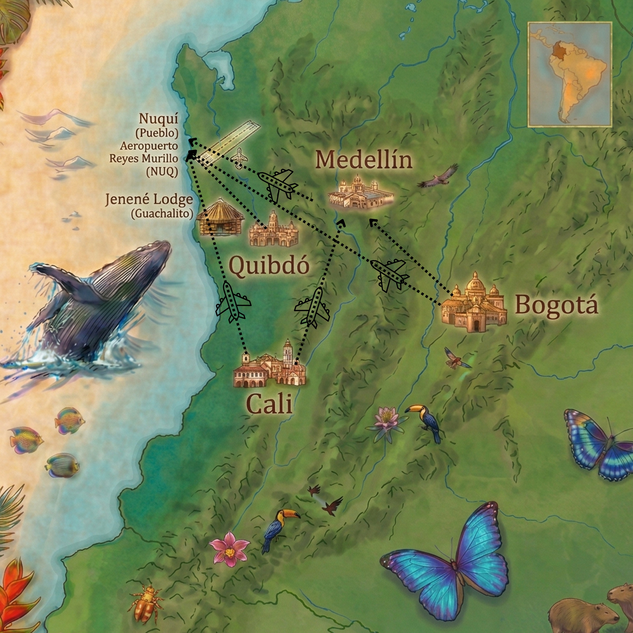 mapa de rutas para llegar a Nuquí, Chocó